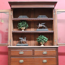 Load image into Gallery viewer, Antique Pine Bookcase Glass Doors Drawers, Leather Fronted Shelves. B12980
