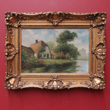 Load image into Gallery viewer, x SOLD Antique Dutch Framed (Gilt Frame) Cottage or House by a Stream, Cottage Scene B12144