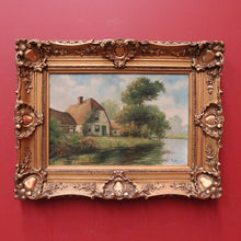 Load image into Gallery viewer, x SOLD Antique Dutch Framed (Gilt Frame) Cottage or House by a Stream, Cottage Scene B12144