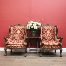 Load image into Gallery viewer, x SOLD A Pair of Antique French Wing Back Armchairs with Down/Feather Cushions - Burgundy-coloured fabric. B12583.