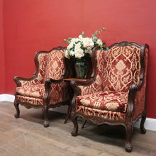 Load image into Gallery viewer, x SOLD A Pair of Antique French Wing Back Armchairs with Down/Feather Cushions - Burgundy-coloured fabric. B12583.