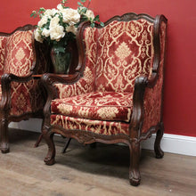 Load image into Gallery viewer, x SOLD A Pair of Antique French Wing Back Armchairs with Down/Feather Cushions - Burgundy-coloured fabric. B12583.