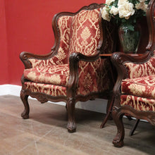 Load image into Gallery viewer, x SOLD A Pair of Antique French Wing Back Armchairs with Down/Feather Cushions - Burgundy-coloured fabric. B12583.