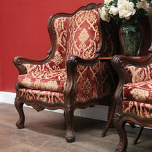 Load image into Gallery viewer, x SOLD A Pair of Antique French Wing Back Armchairs with Down/Feather Cushions - Burgundy-coloured fabric. B12583.