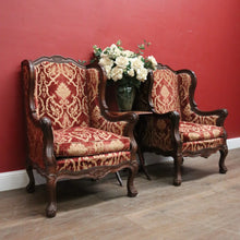 Load image into Gallery viewer, x SOLD A Pair of Antique French Wing Back Armchairs with Down/Feather Cushions - Burgundy-coloured fabric. B12583.