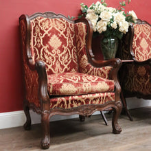 Load image into Gallery viewer, x SOLD A Pair of Antique French Wing Back Armchairs with Down/Feather Cushions - Burgundy-coloured fabric. B12583.