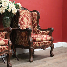 Load image into Gallery viewer, x SOLD A Pair of Antique French Wing Back Armchairs with Down/Feather Cushions - Burgundy-coloured fabric. B12583.