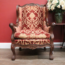 Load image into Gallery viewer, x SOLD A Pair of Antique French Wing Back Armchairs with Down/Feather Cushions - Burgundy-coloured fabric. B12583.