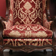 Load image into Gallery viewer, x SOLD A Pair of Antique French Wing Back Armchairs with Down/Feather Cushions - Burgundy-coloured fabric. B12583.