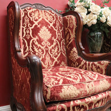 Load image into Gallery viewer, x SOLD A Pair of Antique French Wing Back Armchairs with Down/Feather Cushions - Burgundy-coloured fabric. B12583.