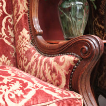 Load image into Gallery viewer, x SOLD A Pair of Antique French Wing Back Armchairs with Down/Feather Cushions - Burgundy-coloured fabric. B12583.