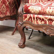 Load image into Gallery viewer, x SOLD A Pair of Antique French Wing Back Armchairs with Down/Feather Cushions - Burgundy-coloured fabric. B12583.