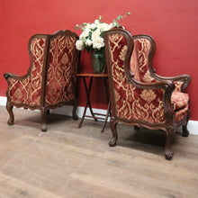 Load image into Gallery viewer, x SOLD A Pair of Antique French Wing Back Armchairs with Down/Feather Cushions - Burgundy-coloured fabric. B12583.