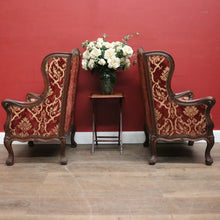Load image into Gallery viewer, x SOLD A Pair of Antique French Wing Back Armchairs with Down/Feather Cushions - Burgundy-coloured fabric. B12583.