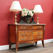 Load image into Gallery viewer, Antique French Walnut, Gilt Brass and Marble Top Three Drawer, Chest of Drawers. B12136