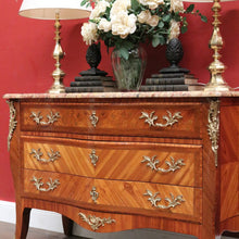 Load image into Gallery viewer, Antique French Walnut, Gilt Brass and Marble Top Three Drawer, Chest of Drawers. B12136