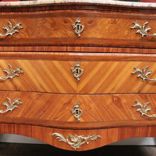 Load image into Gallery viewer, Antique French Walnut, Gilt Brass and Marble Top Three Drawer, Chest of Drawers. B12136