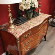 Load image into Gallery viewer, Antique French Walnut, Gilt Brass and Marble Top Three Drawer, Chest of Drawers. B12136