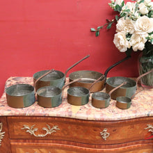 Load image into Gallery viewer, Eight Antique Copper and Cast Iron Saucepans - Antwerpen (Antwerp), Belgium B12047