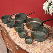 Load image into Gallery viewer, Eight Antique Copper and Cast Iron Saucepans - Antwerpen (Antwerp), Belgium B12047
