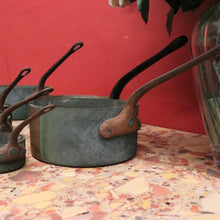 Load image into Gallery viewer, Eight Antique Copper and Cast Iron Saucepans - Antwerpen (Antwerp), Belgium B12047