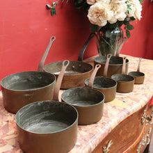 Load image into Gallery viewer, Eight Antique Copper and Cast Iron Saucepans - Antwerpen (Antwerp), Belgium B12047