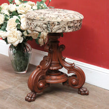 Load image into Gallery viewer, Antique English Walnut Piano Stool – Tapestry Seat, Carved Pedestal, Paw Feet. B12443
