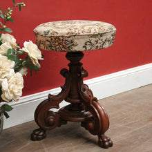 Load image into Gallery viewer, Antique English Walnut Piano Stool – Tapestry Seat, Carved Pedestal, Paw Feet. B12443