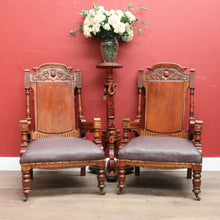 Load image into Gallery viewer, x SOLD Pair of Antique Mahogany and Leather Armchairs, Carved detail, Castors. B12189