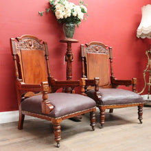 Load image into Gallery viewer, x SOLD Pair of Antique Mahogany and Leather Armchairs, Carved detail, Castors. B12189