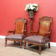 Load image into Gallery viewer, x SOLD Pair of Antique Mahogany and Leather Armchairs, Carved detail, Castors. B12189
