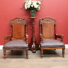 Load image into Gallery viewer, x SOLD Pair of Antique Mahogany and Leather Armchairs, Carved detail, Castors. B12189