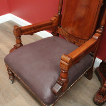 Load image into Gallery viewer, x SOLD Pair of Antique Mahogany and Leather Armchairs, Carved detail, Castors. B12189