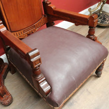 Load image into Gallery viewer, x SOLD Pair of Antique Mahogany and Leather Armchairs, Carved detail, Castors. B12189