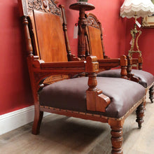 Load image into Gallery viewer, x SOLD Pair of Antique Mahogany and Leather Armchairs, Carved detail, Castors. B12189