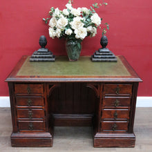 Load image into Gallery viewer, Antique English Oak 8 Drawer Leather Top Brass handles Office Desk with Cabinet Back B13010