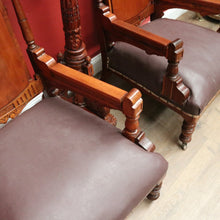 Load image into Gallery viewer, x SOLD Pair of Antique Mahogany and Leather Armchairs, Carved detail, Castors. B12189