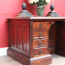 Load image into Gallery viewer, Antique English Oak 8 Drawer Leather Top Brass handles Office Desk with Cabinet Back B13010