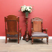 Load image into Gallery viewer, x SOLD Pair of Antique Mahogany and Leather Armchairs, Carved detail, Castors. B12189
