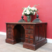 Load image into Gallery viewer, Antique English Oak 8 Drawer Leather Top Brass handles Office Desk with Cabinet Back B13010