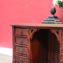 Load image into Gallery viewer, Antique English Oak 8 Drawer Leather Top Brass handles Office Desk with Cabinet Back B13010