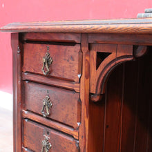 Load image into Gallery viewer, Antique English Oak 8 Drawer Leather Top Brass handles Office Desk with Cabinet Back B13010