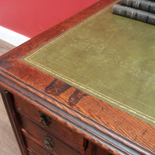 Load image into Gallery viewer, Antique English Oak 8 Drawer Leather Top Brass handles Office Desk with Cabinet Back B13010