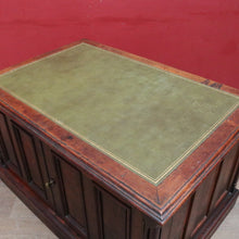 Load image into Gallery viewer, Antique English Oak 8 Drawer Leather Top Brass handles Office Desk with Cabinet Back B13010