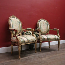 Load image into Gallery viewer, x SOLD Pair of Vintage French Armchairs with Gilt Timber Frames and Striped Pastel Fabric. B12597