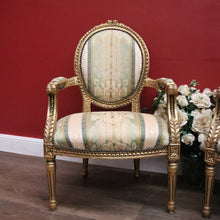 Load image into Gallery viewer, x SOLD Pair of Vintage French Armchairs with Gilt Timber Frames and Striped Pastel Fabric. B12597