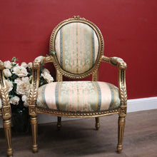 Load image into Gallery viewer, x SOLD Pair of Vintage French Armchairs with Gilt Timber Frames and Striped Pastel Fabric. B12597