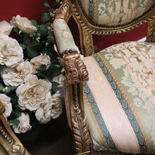Load image into Gallery viewer, x SOLD Pair of Vintage French Armchairs with Gilt Timber Frames and Striped Pastel Fabric. B12597