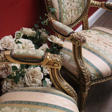 Load image into Gallery viewer, x SOLD Pair of Vintage French Armchairs with Gilt Timber Frames and Striped Pastel Fabric. B12597