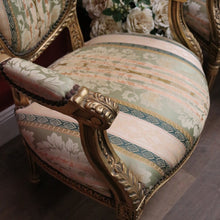 Load image into Gallery viewer, x SOLD Pair of Vintage French Armchairs with Gilt Timber Frames and Striped Pastel Fabric. B12597
